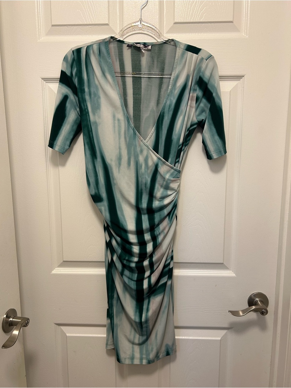 Jennifer Lopez Teal and White Striped Wrap Midi Dress